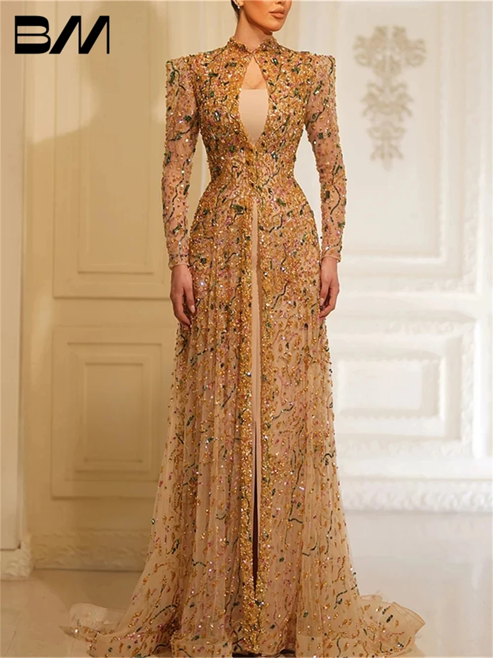 Luxury Long Sleeve A Line Prom Dress Beads Evening Dresses Cocktail Gown Formal Occasion Dresses Customized Vestidos De Gala 1