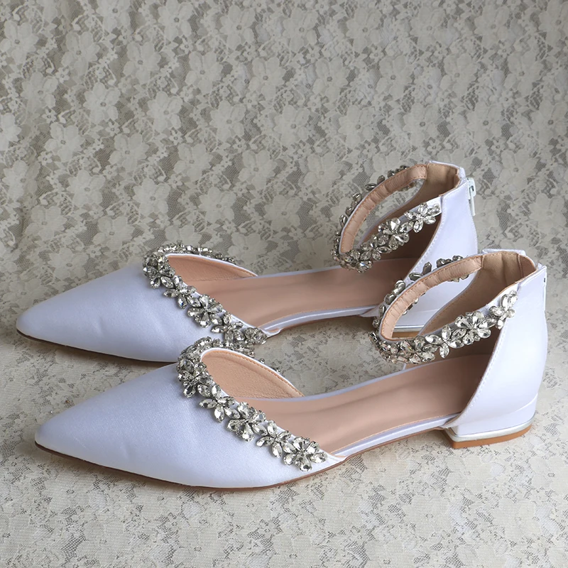 Venus Lure Wedding Flat Shoes Pointed Toe Satin Ivory Bridal Shoes Crystal Brooch