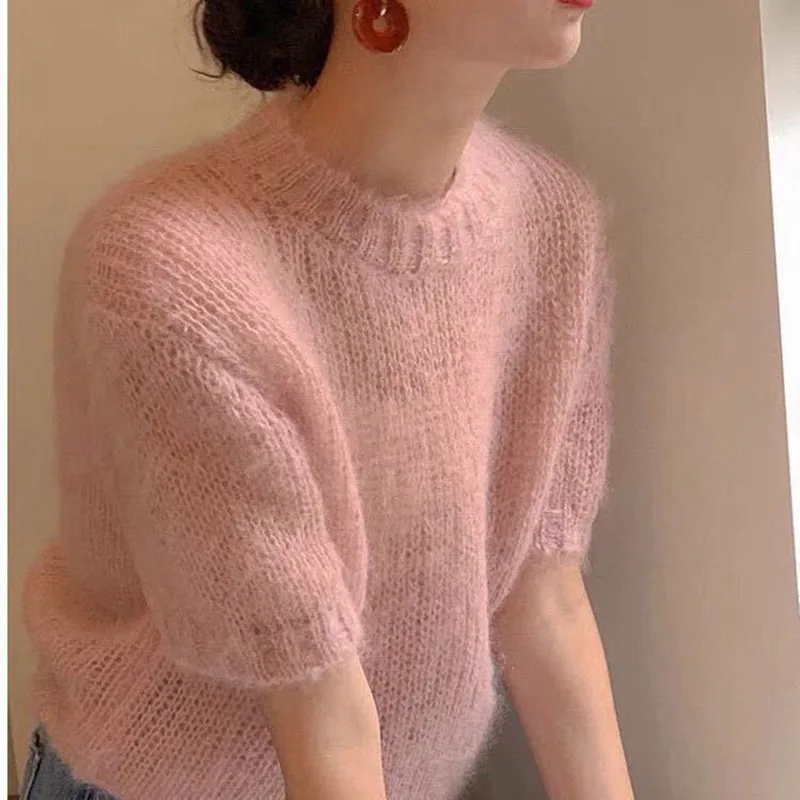 Women Autumn Artsy Pure Color O-Neck Knitted Sweater