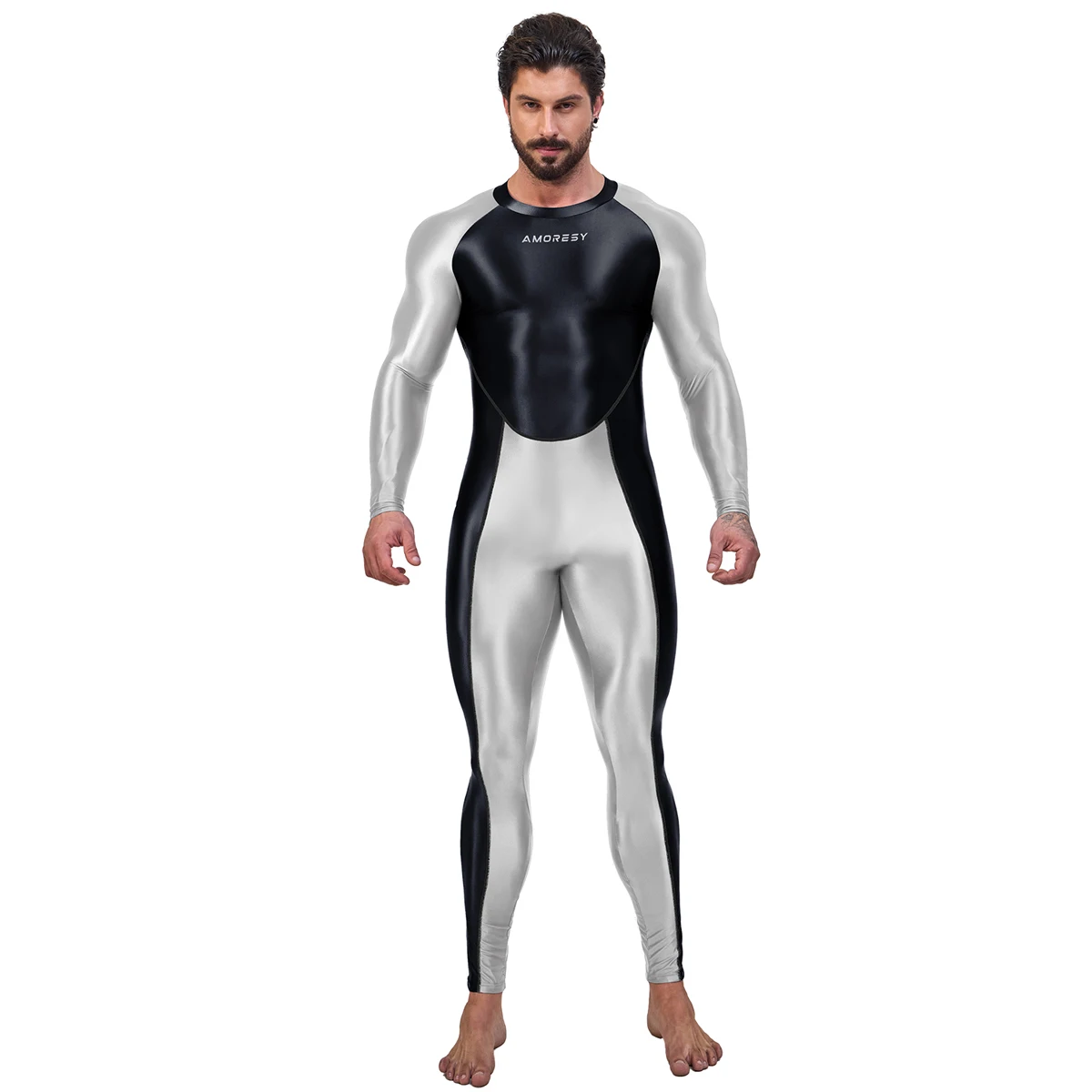 AMORESY Draco Men Oily Glossy Elastic Patchwork Jumpsuit Tracksuit Bodysuit Wrestling Sport Gym Fitness Tight Overalls Sweatsuit