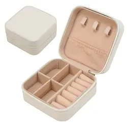 Compact Jewelry Travel Organizer - Portable Display Storage Box for Rings, Earrings, and Necklaces (Beige)