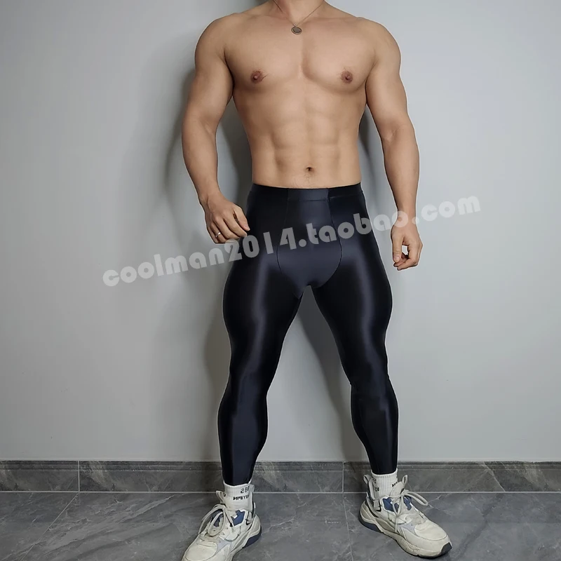 Glossy See Through Satin Men's Sexy Tight Yoga Leggings Sports Underwears Seamless Pants Trousers