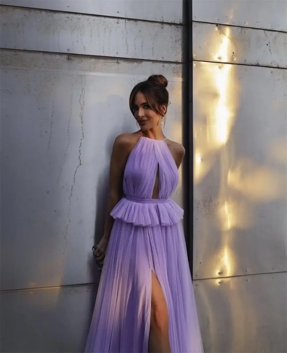 

Sevintage Elegant Lavender Tulle Prom Dress A-Line Halter Ruched Sleeveless Floor Length High Slit Evening Dress robes de soirée