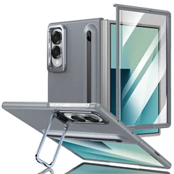 All - In - One Hinge Protection Phone Case with Stylus and Tempered Film Kickstand Cover - Galaxy Z Fold4 (GRAY)