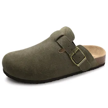Crestar Zoccoli da donna in vera pelle scamosciata Pantofole in pelle di mucca di moda Nuovo colore Morbida pedana in sughero Ciabatte Scarpe di patate con supporto per l'arco plantare 1