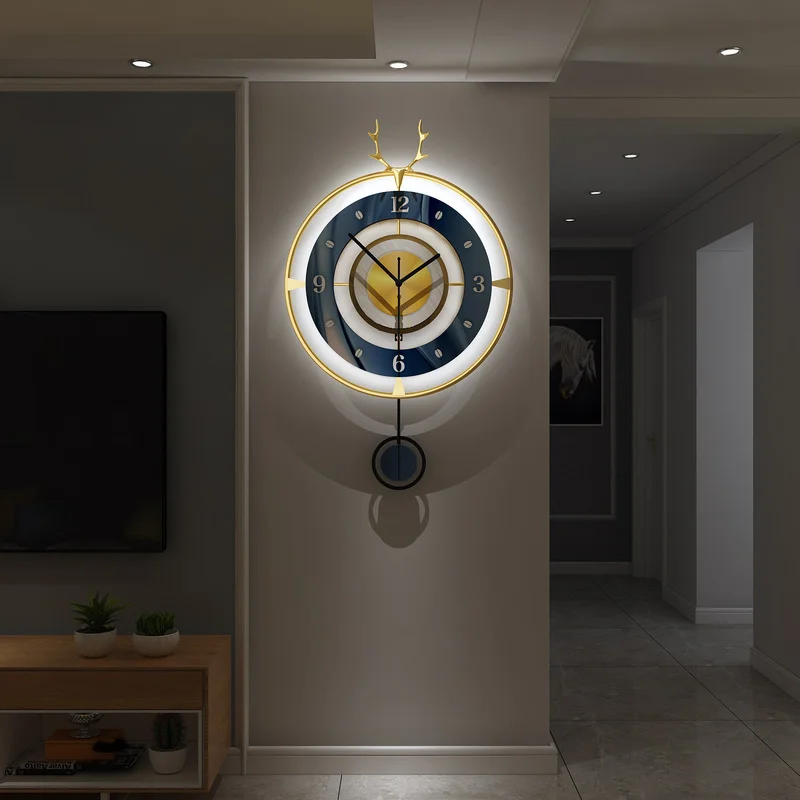 Metal Deer Head Luxury Round Large Pendulum Wall Clocks 5
