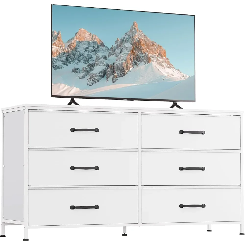 Wide Fabric Dresser, 6 Drawer TV Stand for 60" TV, Dressers Bedroom Furniture Large Storage Tower Unit with Fabric Bins 2