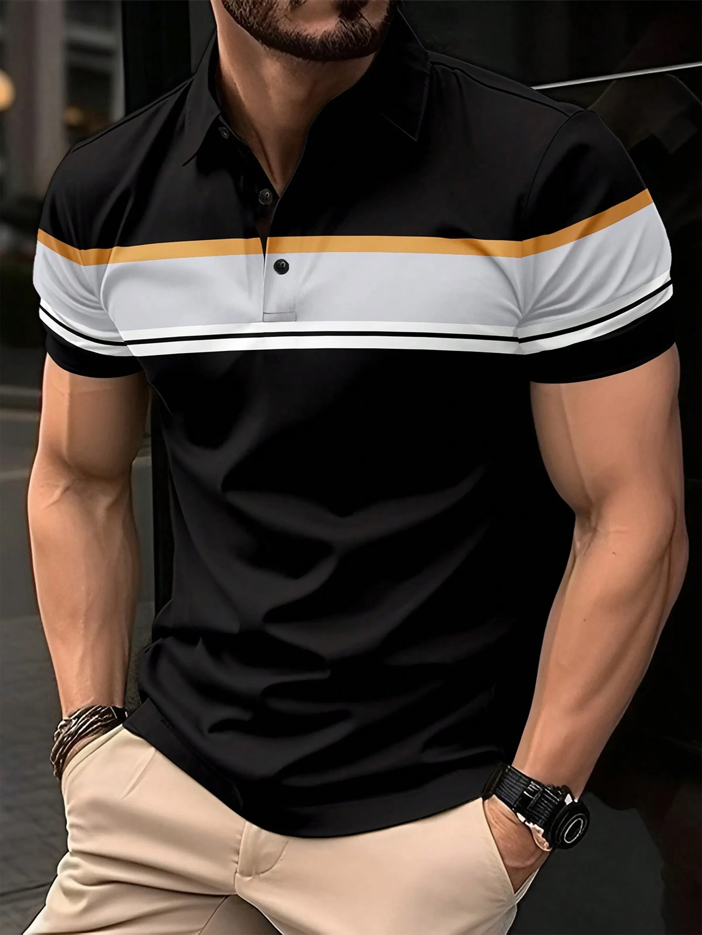 New Summer Men's Polo Shirt Button Collar Short Sleeve Pullover Casual Sports Solid Color Striped Lapel Trend Men's T Shirt 20 S425076859f2643d6aac7a2a23c5d51052