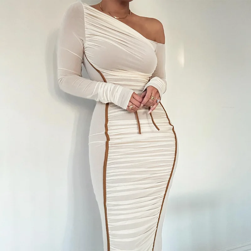 White Mesh Off-Shoulder Maxi Dress Female Long Sleeve Patchwork Fashion Contrast Summer Backless Ladies Party Long Dress