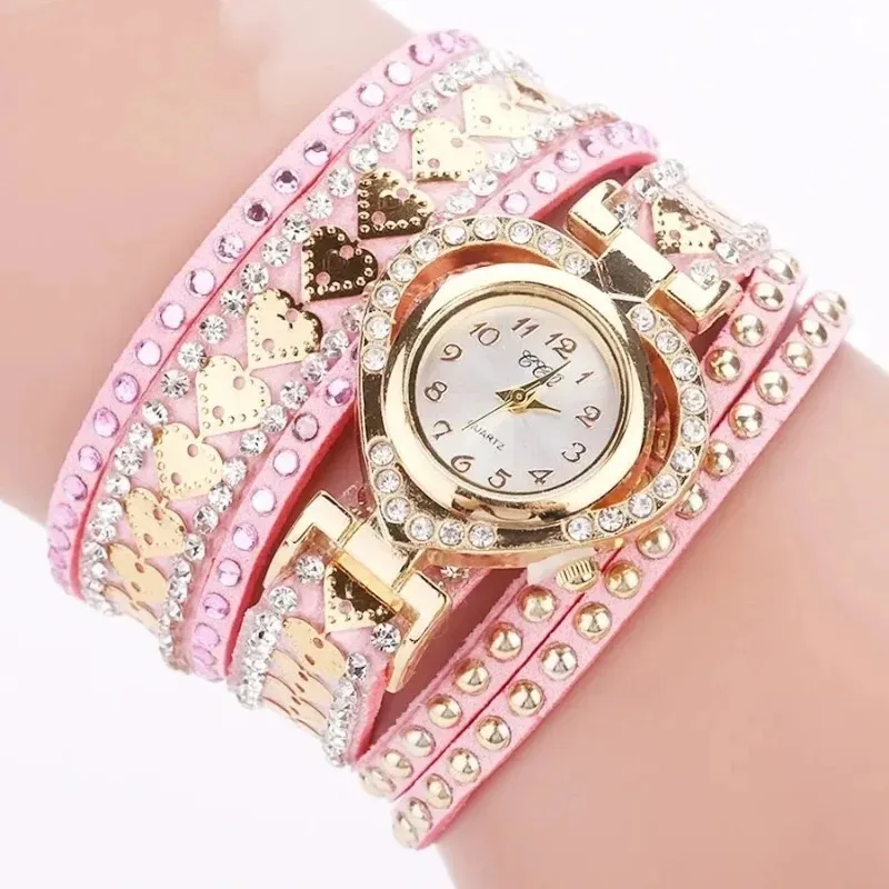 Long Strap Leather Watch Women Vintage Rhinestone Dress Watch Ladies Heart Dial Shiny Bracelet Wristwatch Clock Gifts