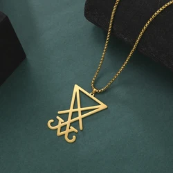 Silver Sigil of Lucifer Satan Pendant Necklace - Stainless Steel Emblem Amulet Jewelry - 60cm (Golden color)
