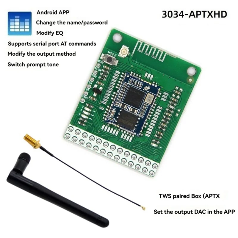 【B74A】QCC3034 Bluetooth 5.1 스테레오 오디오 모듈+안테나 DC3.6-5.5V APTXHD 무손실 아날로그 출력 SBC/AAC/APTX/APTXHD