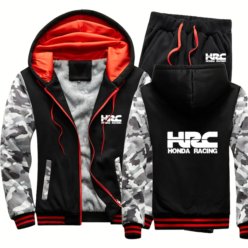 

Autumn Winter Men's Suit HRC Racing Logo Print Warm Cotton Fleece Wool Zipper Coat Camouflage Thicken Jacket+Warm Pants Set 2Pcs