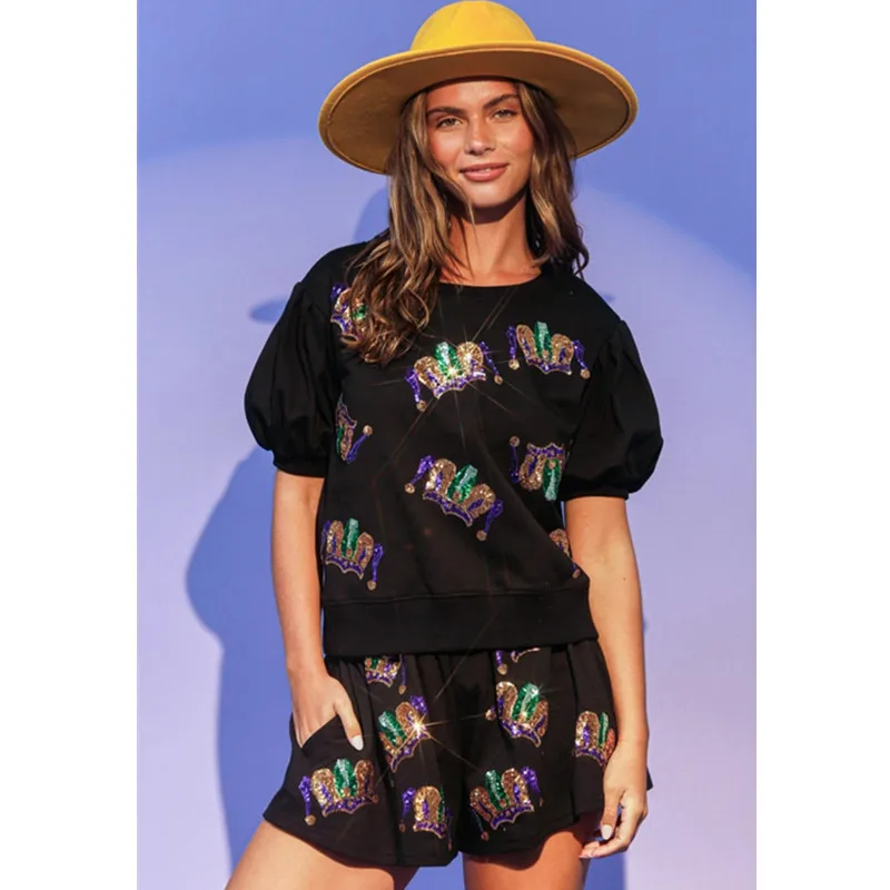 

Женский комплект из 2 предметов, Повседневная футболка с круглым вырезом и шорты с блестками, одежда для отпуска, лето 2024