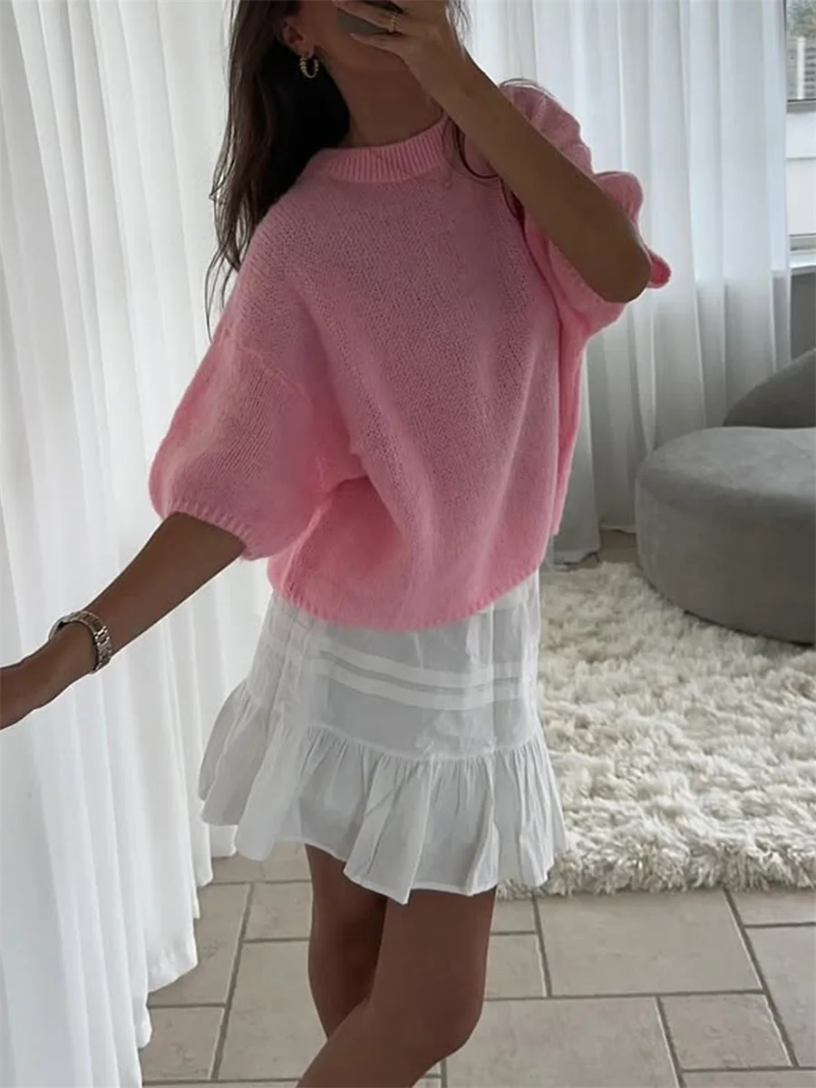 Neue Mode Frauen Frühling Herbst Stricken Pullover Halbe Hülse O Hals Einfarbig Lässige Strickwaren Heißer Verkauf S-XL