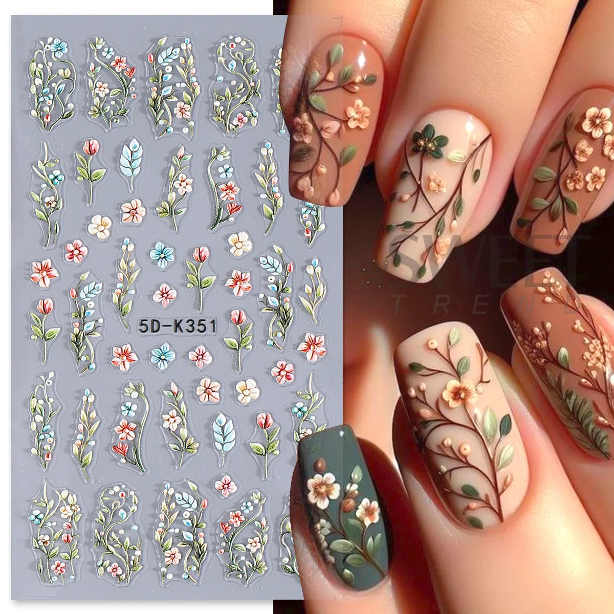 2pcs 5D Flowers Vine Nail Engraved Stickers Acrylic Floral Bouquet Leaves Design Embossed Decal DIY Charm Elegant Manicure Decor