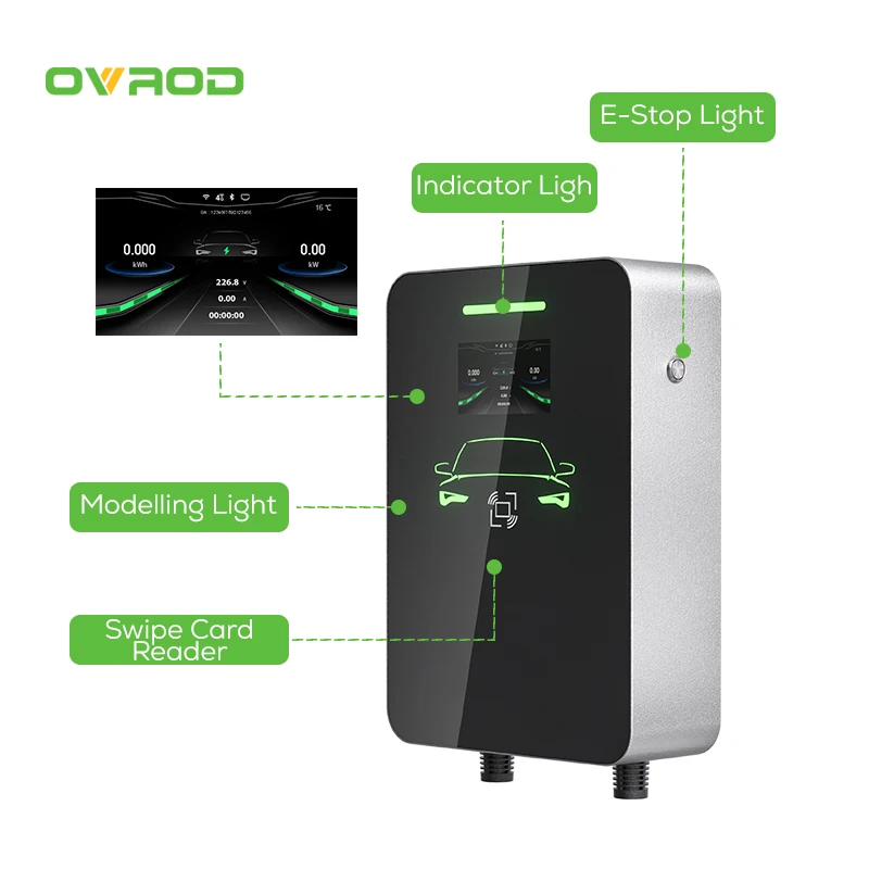 Ovrod 11KW 타입 2 EV 충전기 16A 동적 부하 분산 월박스 (4.3인치 LCD 디스플레이 포함) 신형 AC 출력 전류