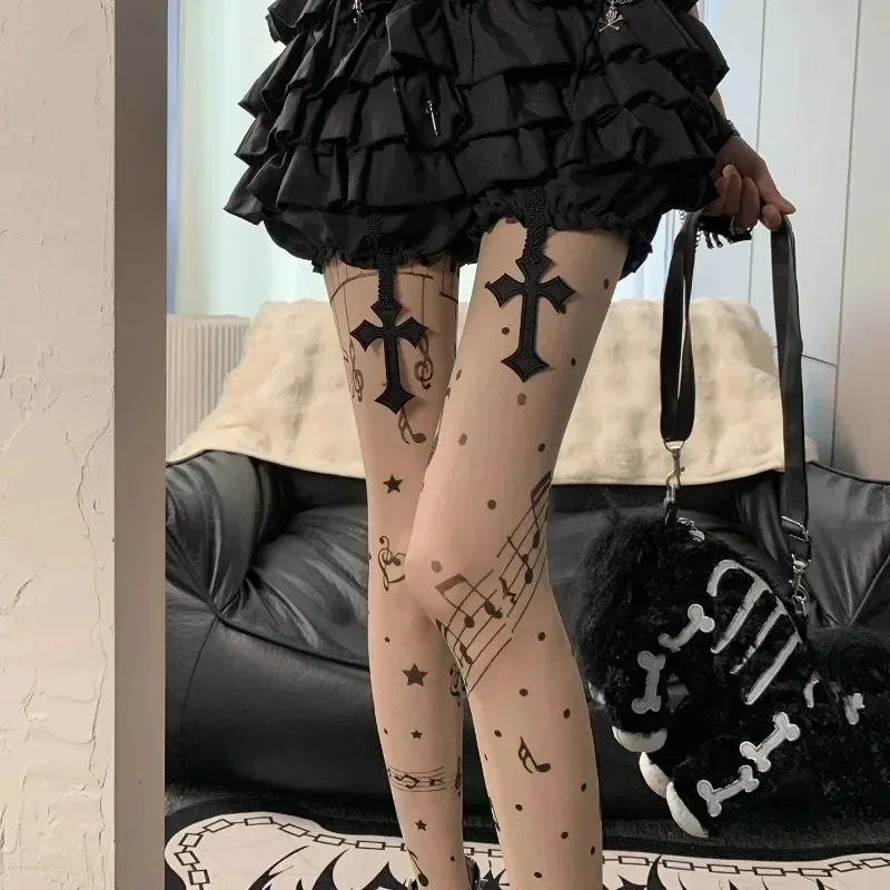 Women Thin Stretchy Stockings Y2K Sweet Music Notes Pantyhosen Sheer Black Tight Cute Lolita Leggings Punk Style Fashion Hosiery