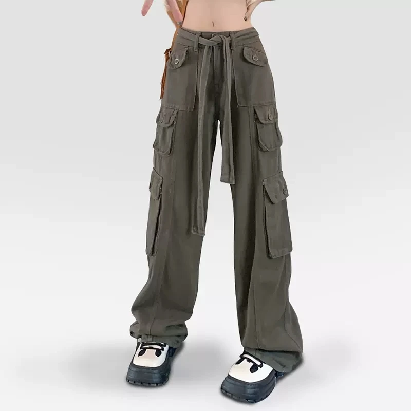 

harajuku summer high waist Women's wide leg Capris cargo multiple pockets pants for women baggy straight woman trousers green