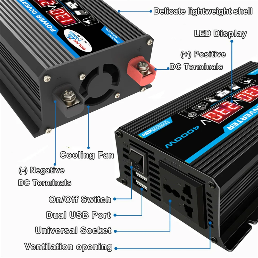 3000W Reiner Sinus-Wechselrichter für Autos, 12 V auf 220 V  Spannungswandler, mit 1 AC-Steckdose, 2 USB-Anschlüssen und LED-Anzeige,  Autoladegerät, Solar-Wechselrichter, DC-AC-Wandler: : Elektronik &  Foto