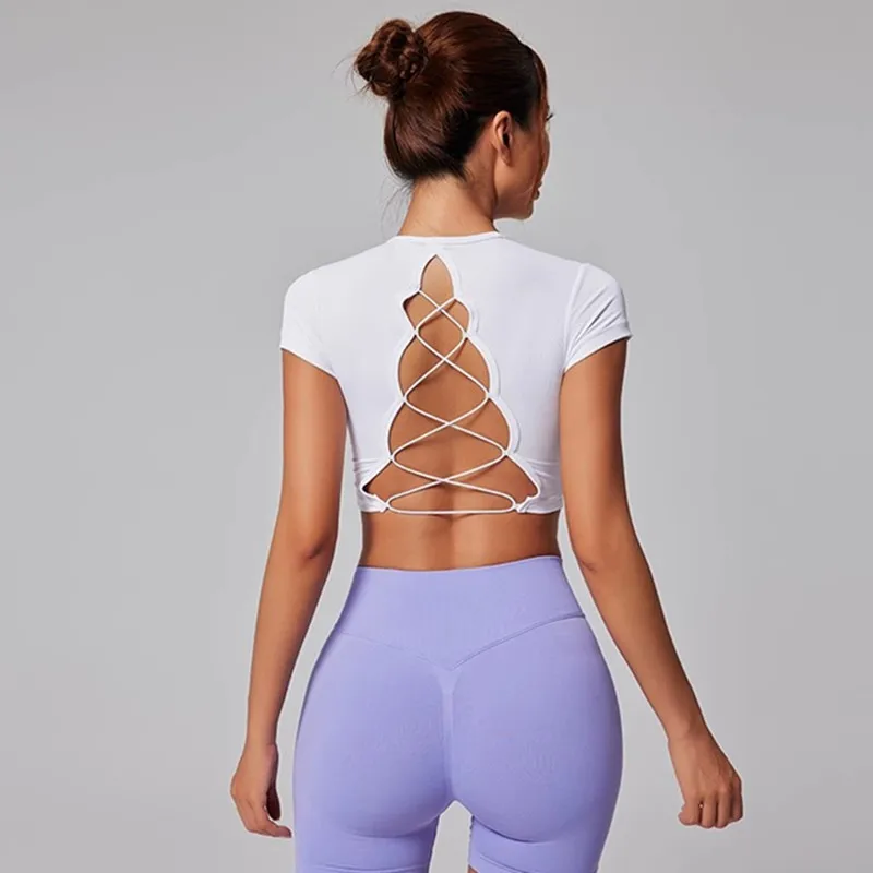 YUSHUHUA New Weave Backless Cropped Yoga Top Short Sleeve Round Neck Sport Shirt Padded Gym Women Breathable Run Fitness Tshirt