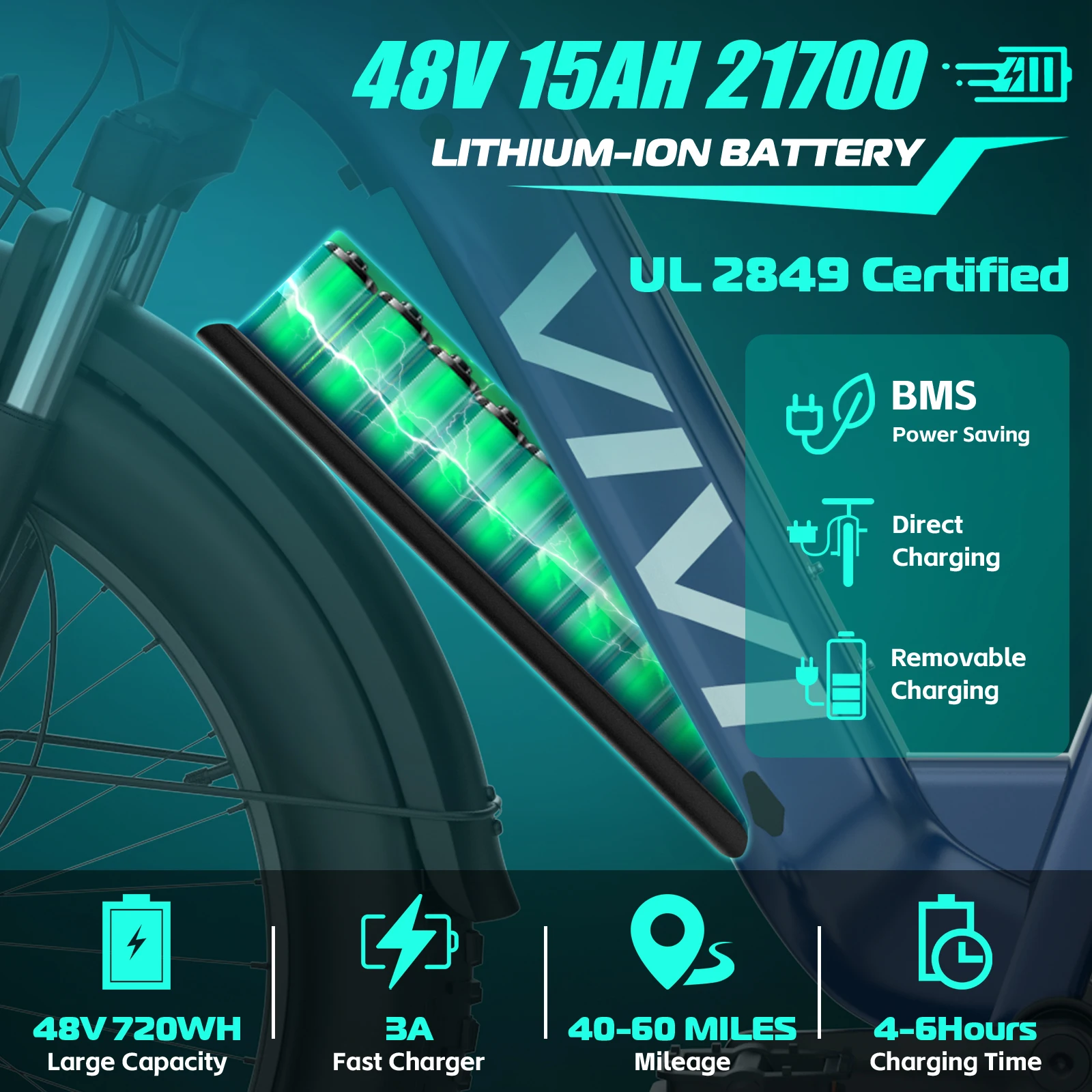 Vivi ACE07 Electric Bike for Adults, 26" x 4.0 Fat Tire Ebike, 1500W Peak Motor Electric Bike, 48V 720WH Removable Battery 4