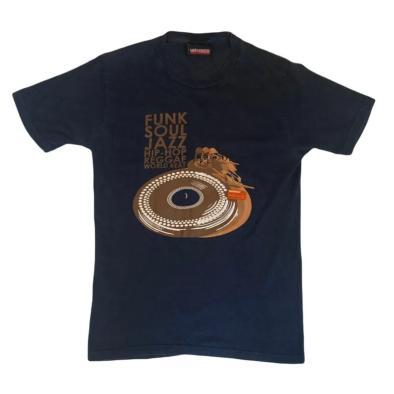 Vintage Y2K Technics 1200 Funk Soul Jazz Hip Hop Reggae World Beat T-Shirt Nera Sbiadita Taglia Piccola