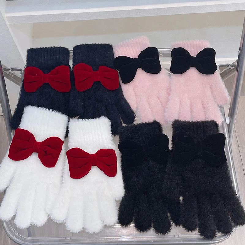 

Милые зимние утепленные теплые перчатки с бантом Y2K с закрытыми пальцами для женщин и девочек перчатки с бантом в стиле "Лолита" JK аксессуары варежки Новогодний подарок