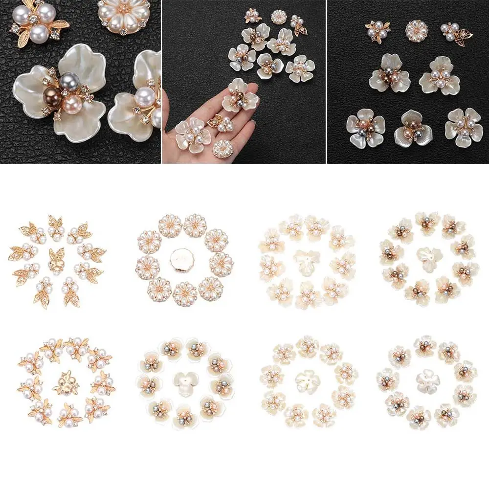 10Pcs Flower Shaped Pearl Rhinestone Buttons DIY Craft Pearl Hairpins Crystal Headwear Clip Apparel Sewing Hat Accessories