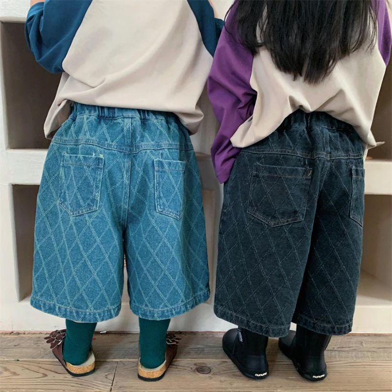 용수철 가을 여아 남아 데님 카프리 바지, 어린이 격자 무늬 바지, 한국 패션, 어린이 느슨한 와이드 레그 청바지, 어린이 의류