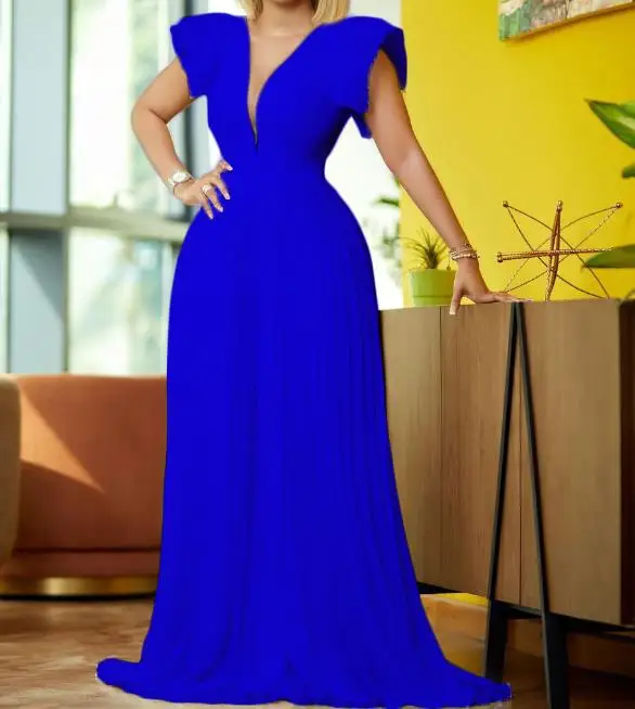

New Fashion 2023 Summer Casual Sexy Pleated Panel Deep V-Neck Floor Mop Jumpsuit Elegant Dresses for Women