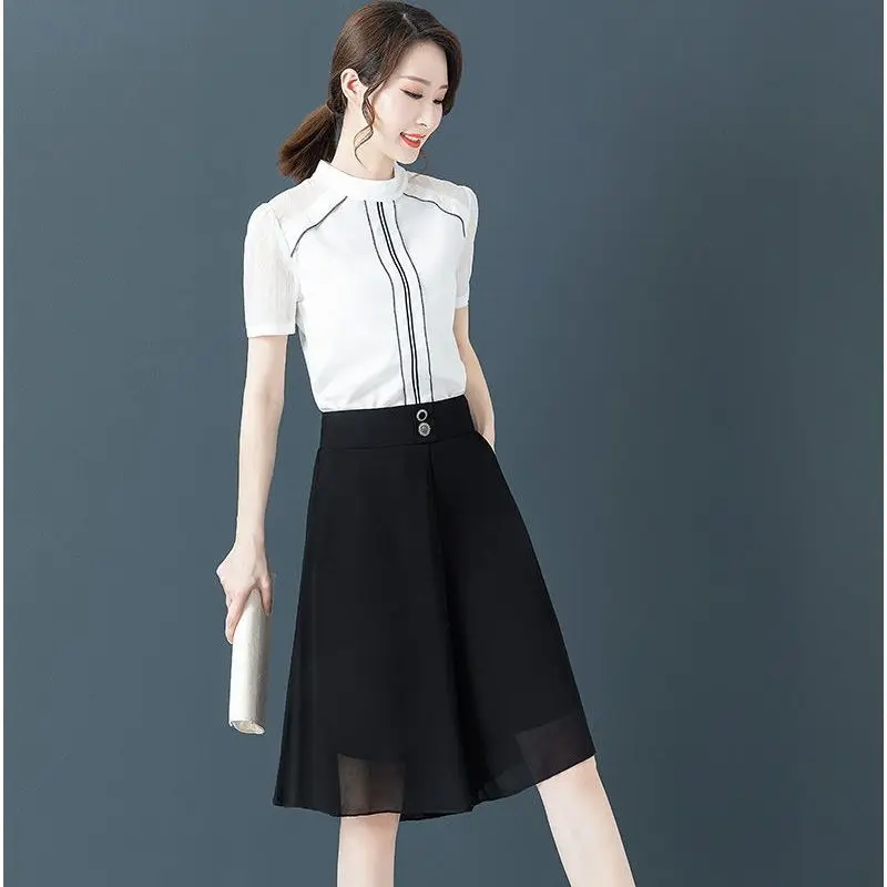 Summer Versatile Chiffon Wide Leg Knee Length Shorts Women's Solid Elastic High Waist Pockets Button Fashion Loose Casual Pants