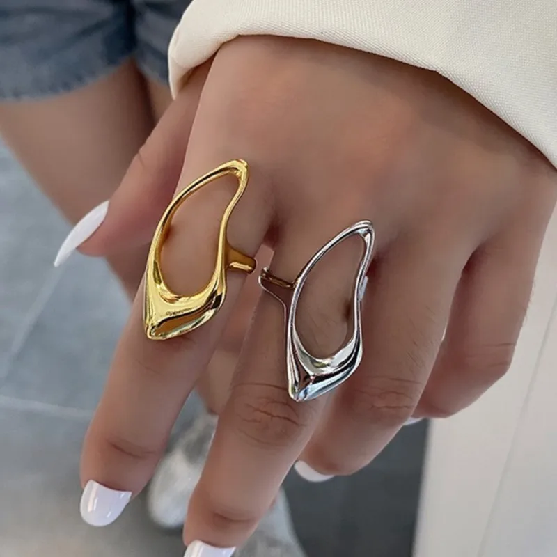 Hollow Teardrop Statement Ring for Women Girls Gold Plated Fashion Geometric Simple Adjustable Open Rings Party Holiday Jewelry