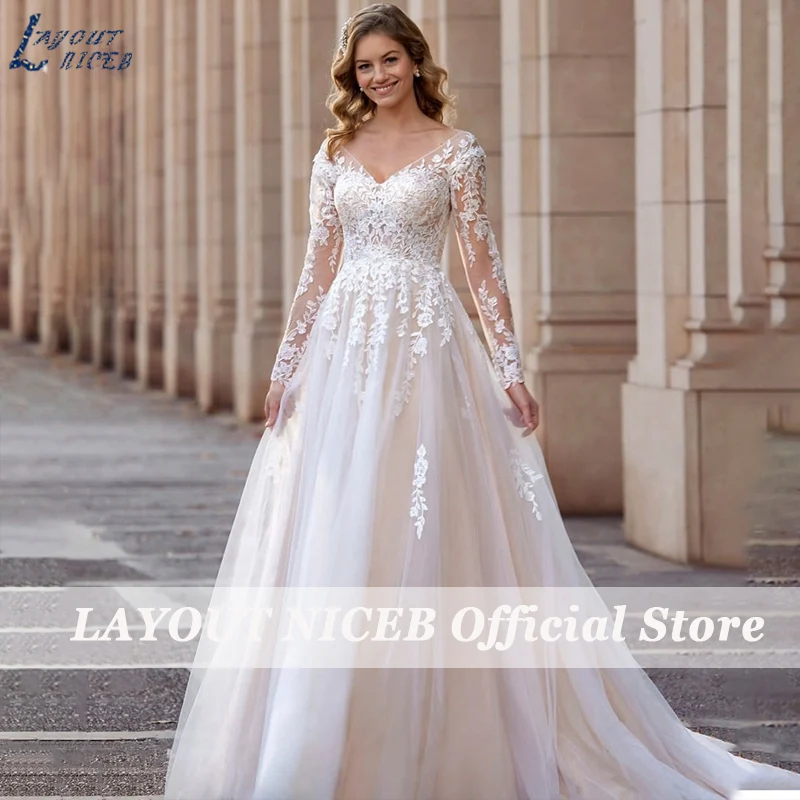 LAYOUT NICEB Vintage Long Sleeve Wedding Dress Lace Appliques Robe De Mari&eacute;e Illusion Back With Button Made Sweep Train