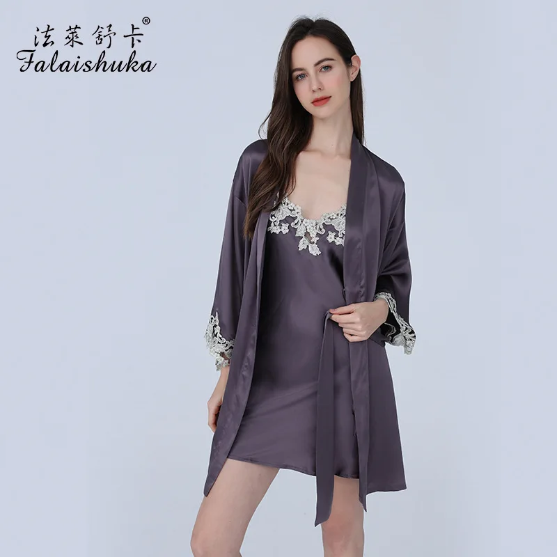 

19 momme 100% genuine silk Robe Gown sets women Noble dress+robe sexy lace mulberry silk women robes sets S5706