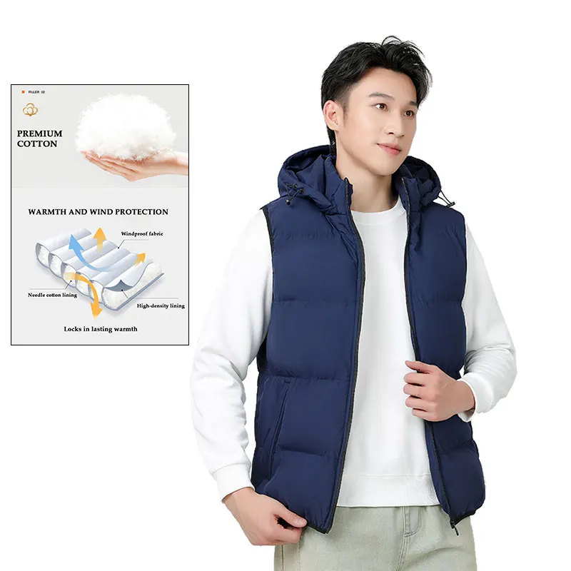 남성 스포츠 조끼 후드 두꺼운 조끼 자켓 겨울 모델 따뜻한 언더 셔츠 언더 셔츠 탈착식 후드 루즈 솔리드 컬러 SportsVest