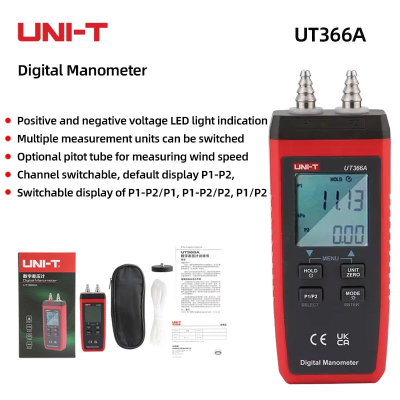 Speed Manometer UNI-T UT366A Digital Manometer Differential Pressure Gauge Meter Wind ...