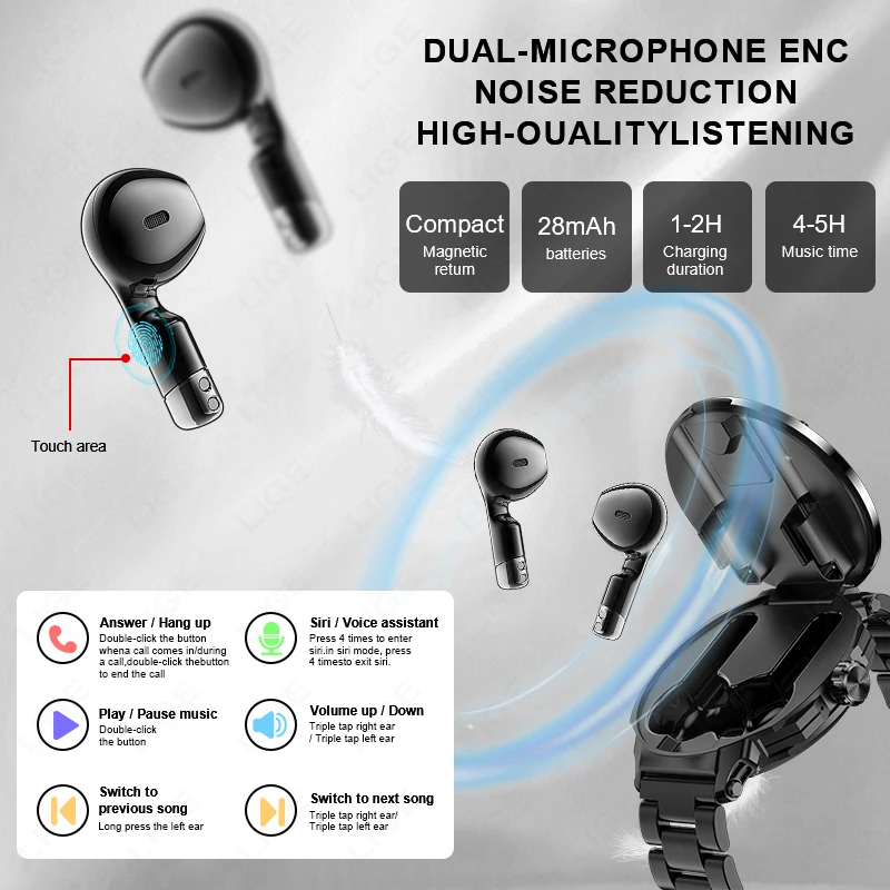 LIGE New 2 In 1 Smart Watch with Headphones Full Touch Screen TWS Bluetooth Earphones NFC Heart Rate Health Monitor Smartwatches