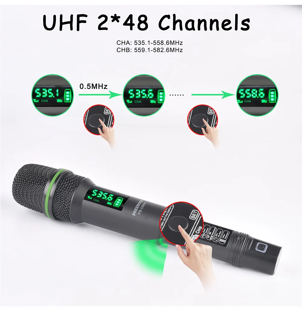 Freeboss 조정 가능한 UHF 무선 핸드헬드 마이크, 카디오이드 송신기, 48 주파수 듀얼 채널, 28m 다이나믹 마이크 FB-UW05
