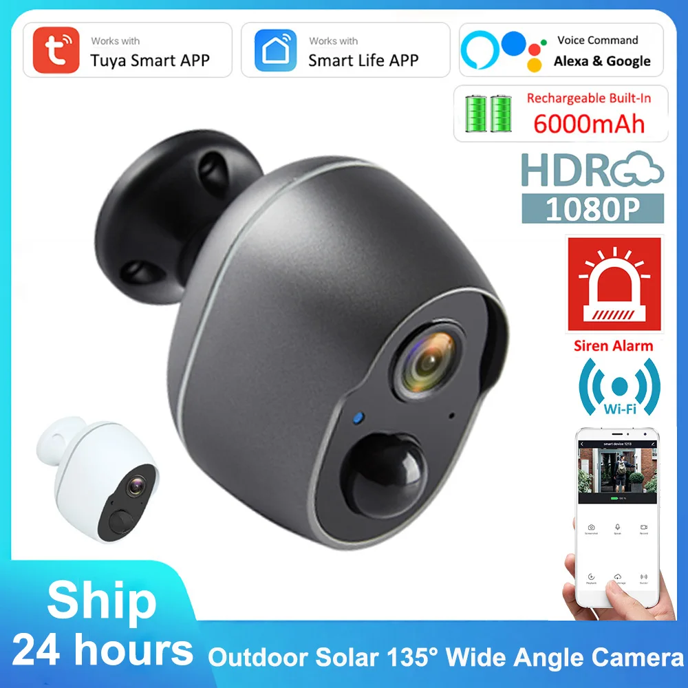 Alexa Google Tuya 3MP 배터리 사이렌 무선 WiFi CCTV 보안 태양 IP66 야외 적외선 오디오 비디오 감시 FHD 카메라 
