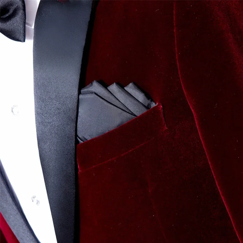 Retro Men Suit Jacket for Boyfriend Burgundy Velvet Dinner Blazer Wedding Groom Slim Fit with Black Peak Lapel Fashion Coat men suits jackets