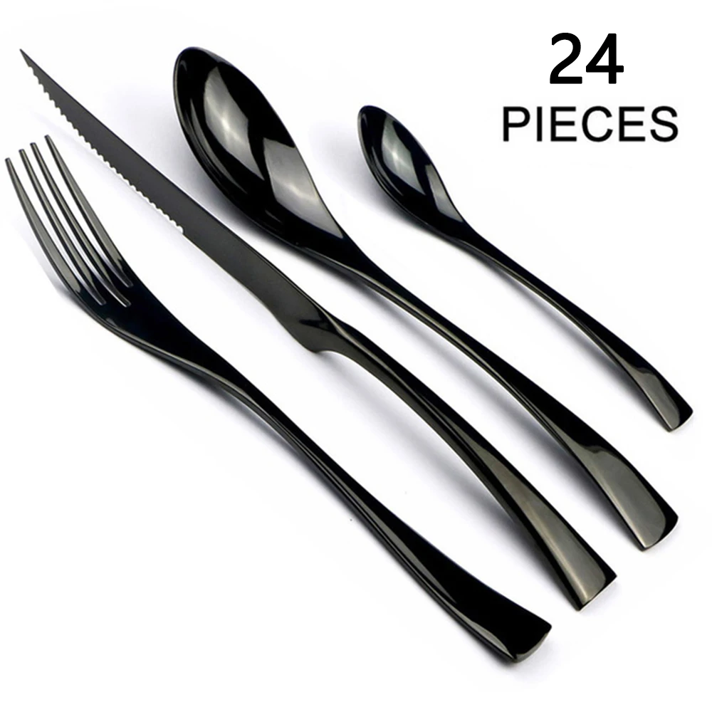 

24Pcs Black Dinnerware Set 18/10 Stainless Steel Luxury Flatware Set Steak Knife Fork Spoon Teaspoon Cutlery Set Food Tableware