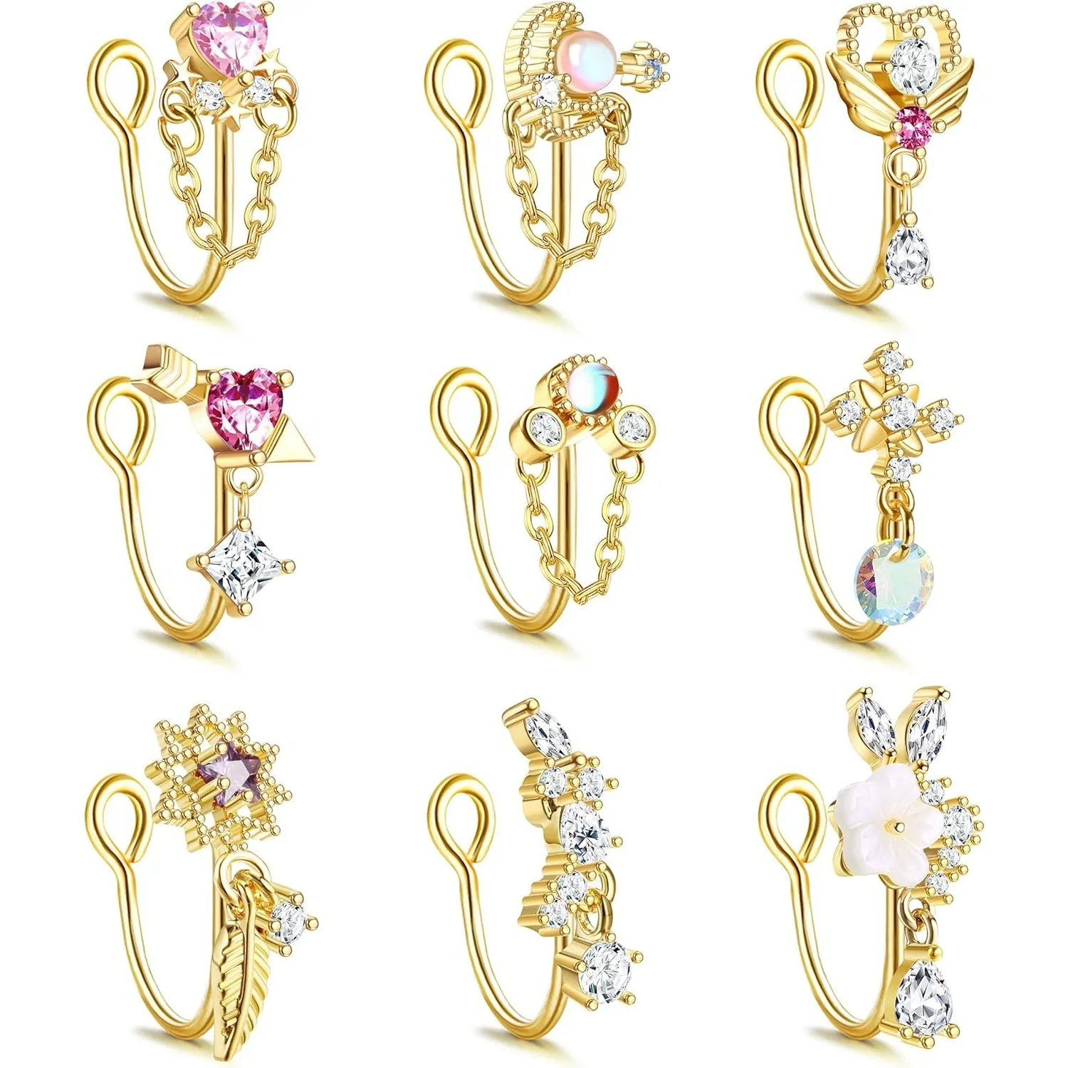 9 шт. Підроблені кільця для носа Висячі кільця для носа для жінок, чоловіків, манжети, штучні кільця, ювелірні вироби без пірсингу, підроблений пірсинг