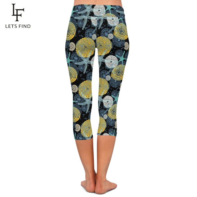 LETSFIND Summer New High Waist Leggings Fashion Women Various Seashells, Starfish Printing Fitness Capri Leggings