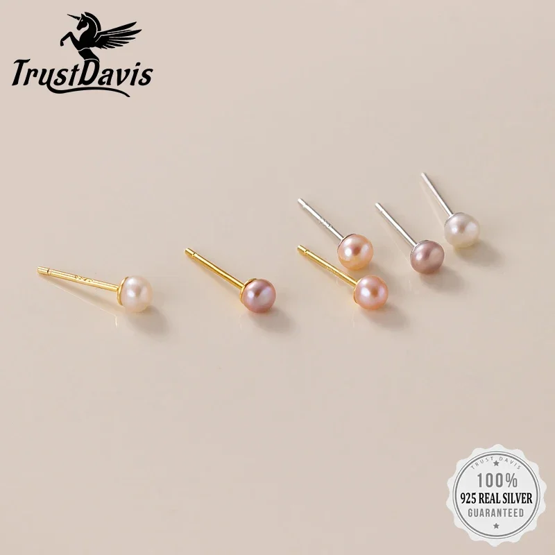 

TrustDavis Real 925 Sterling Silver Women Sweet Freshwater Pearl Stud Earrings For Daughter Girls Birthday Gift Jewelry DA2989