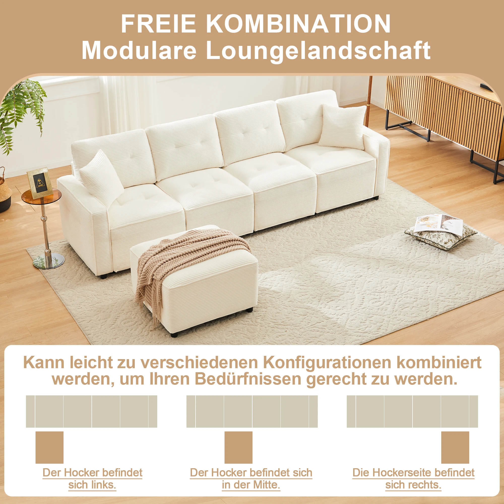 PINGGO Beige Cord-Sofa mit 4 Sitzplätzen und Aufbewahrungshocker 280x146x85cm für Wohnzimmer – Detail 3