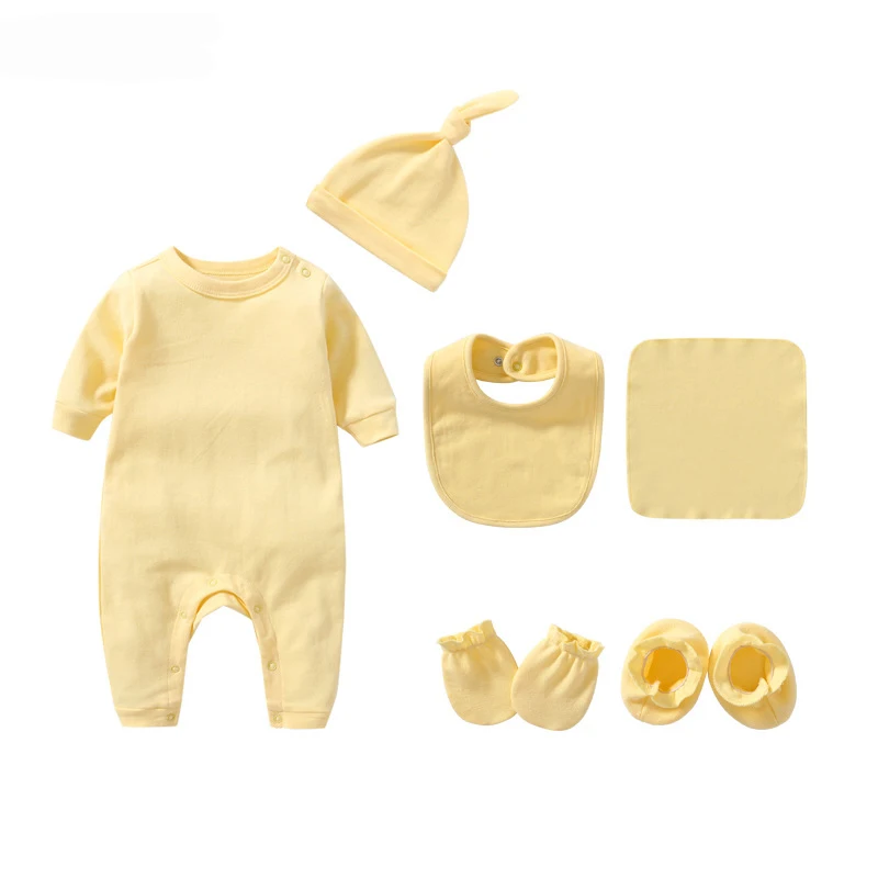 Baby Outfit Meerdelige Set Bib Cap Footcuff Handschoenen Hoofddoek Past Effen Kleur Bodysuit 0-12M Pasgeboren Baby Jongens Meisjes Producten