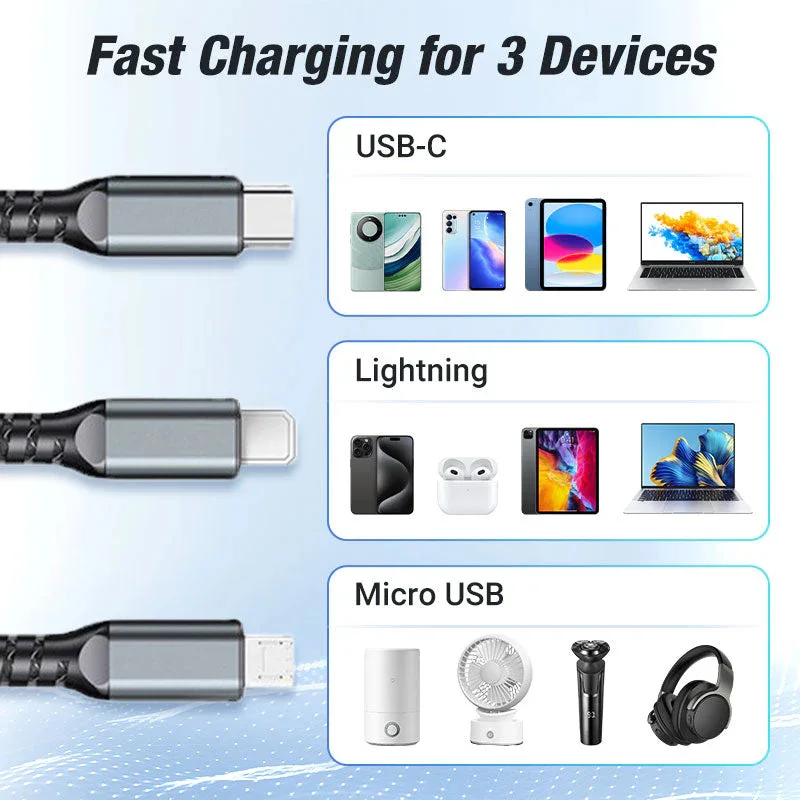 3 In 1 100W LED Digital Display USB Cable Type C Usb Micro For iphone Samsung Huawei Xiaomi Multi Port Multiple Charging Wire