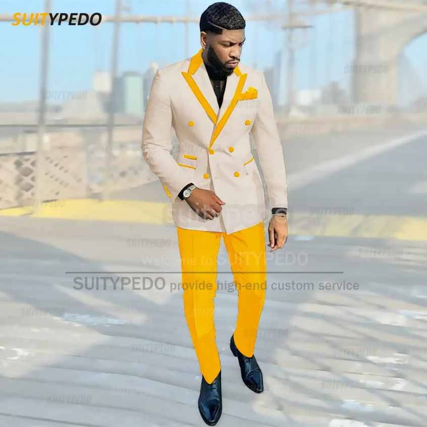 Men Beige Suit Sets 2-piece Set Blazer Pants Tuxedo Formal Business Outfits