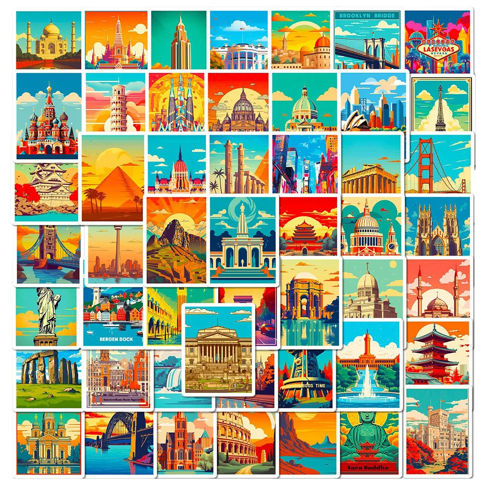 10/30/50pcs Vintage World Famous Building Stickers City Landmark Sticker Car Bike Notebook Laptop Travel Decoration Decals Toys 46pcs classic stamp collection stickers 44mm vintage commemorative stamps city decorative sticker for scrapbooks kids gift h6418